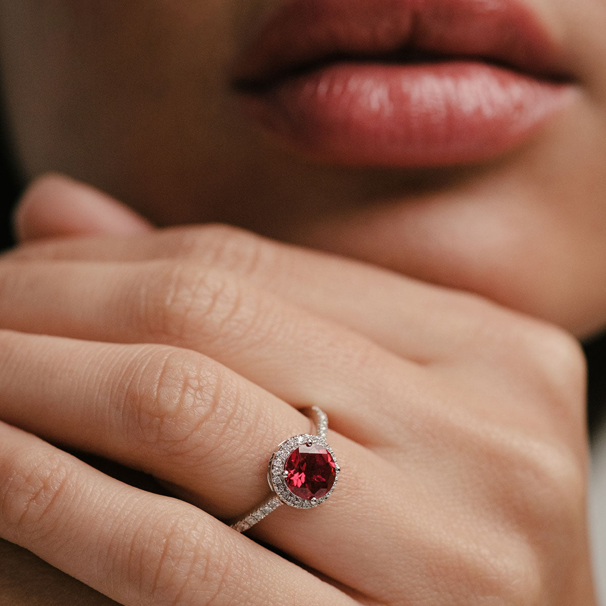 Astra 3.60ct Lab Ruby and Diamond Halo Shoulder Set Round Cut Ring in Silver